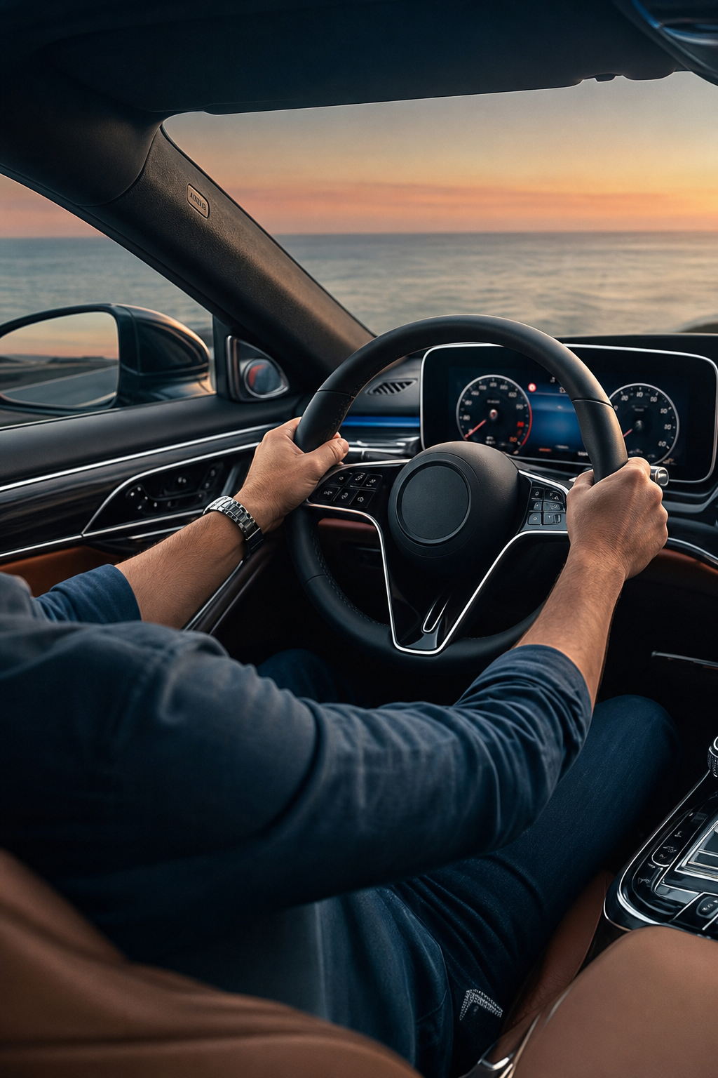 Homem dirigindo em direção ao pôr do sol, mãos no volante